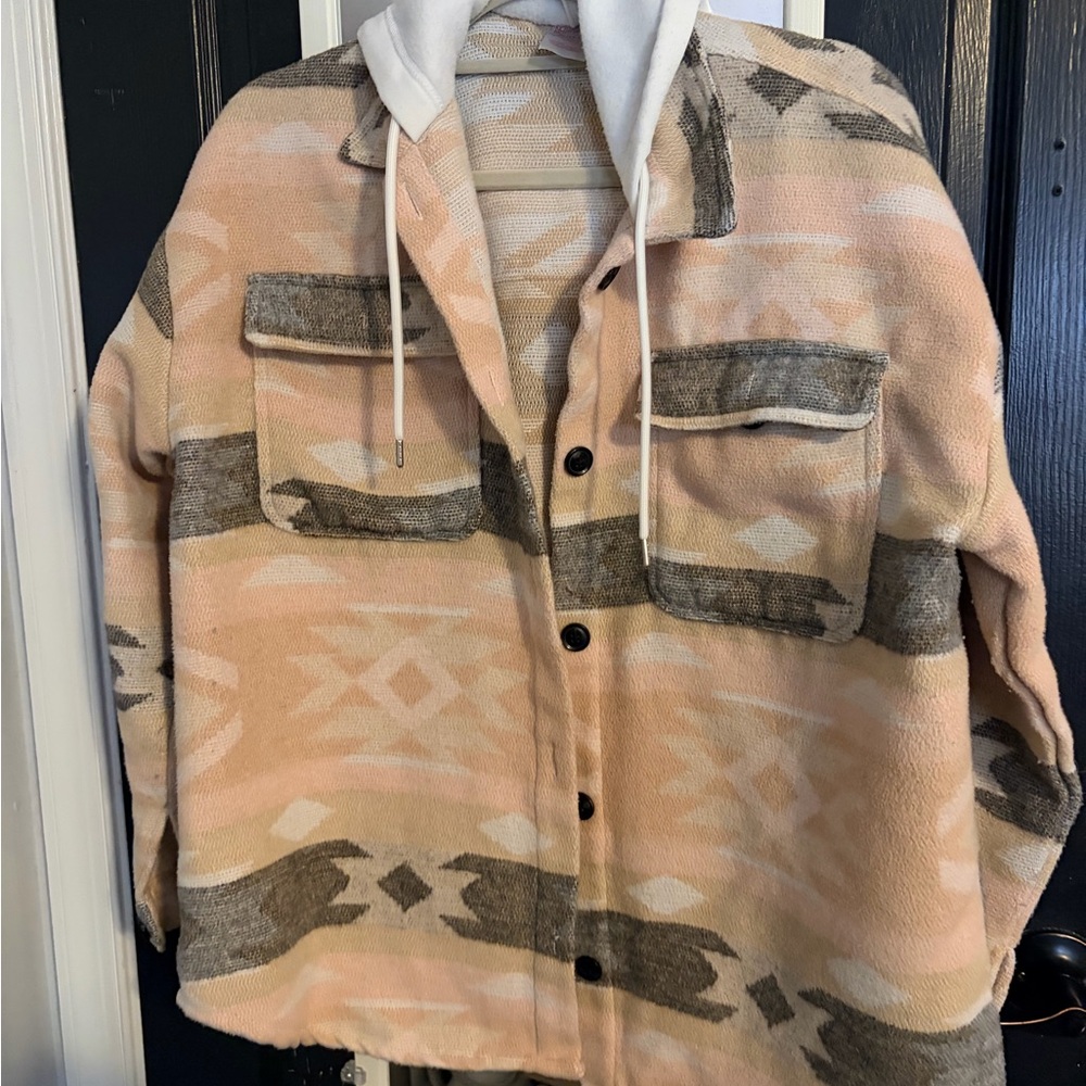 Peach Aztec Button-Up Shacket with Hood